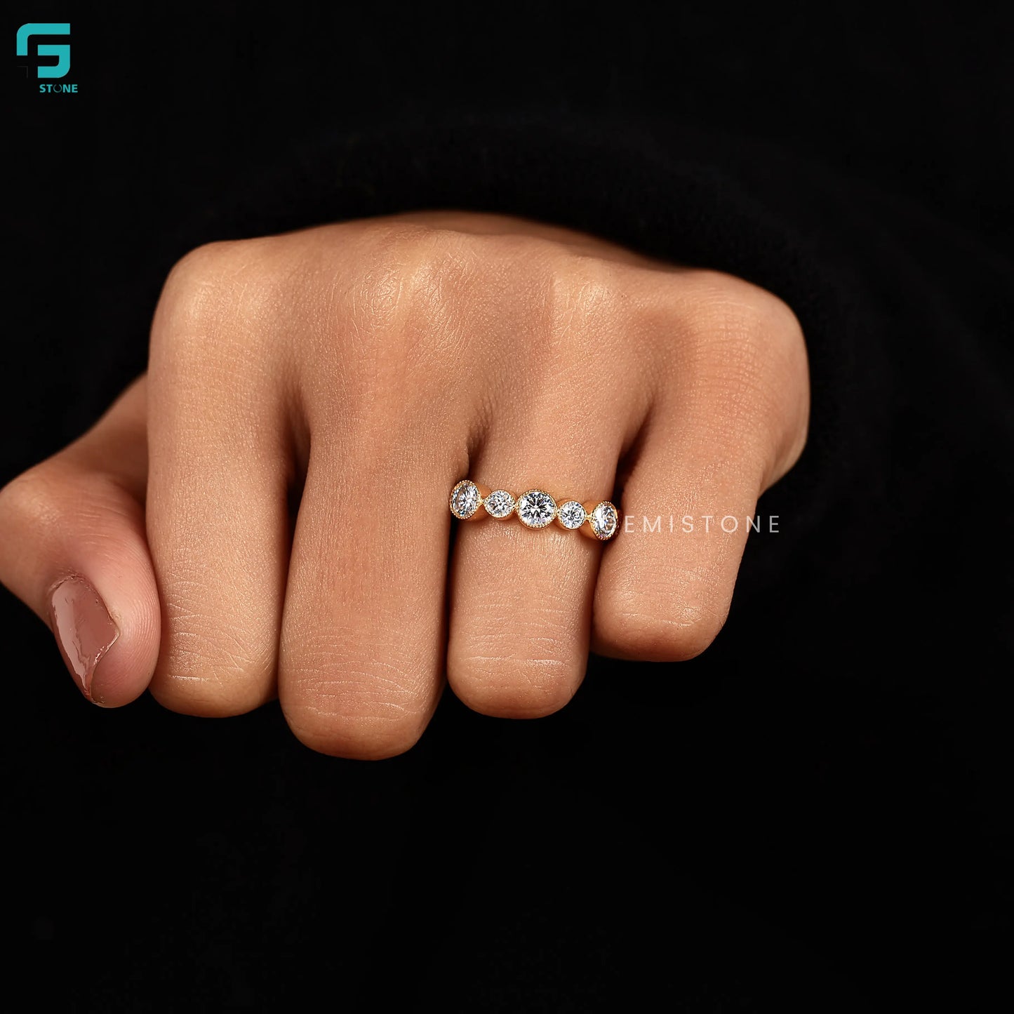 Round Bezel Set Lab Diamond Half Eternity Wedding Band For Women