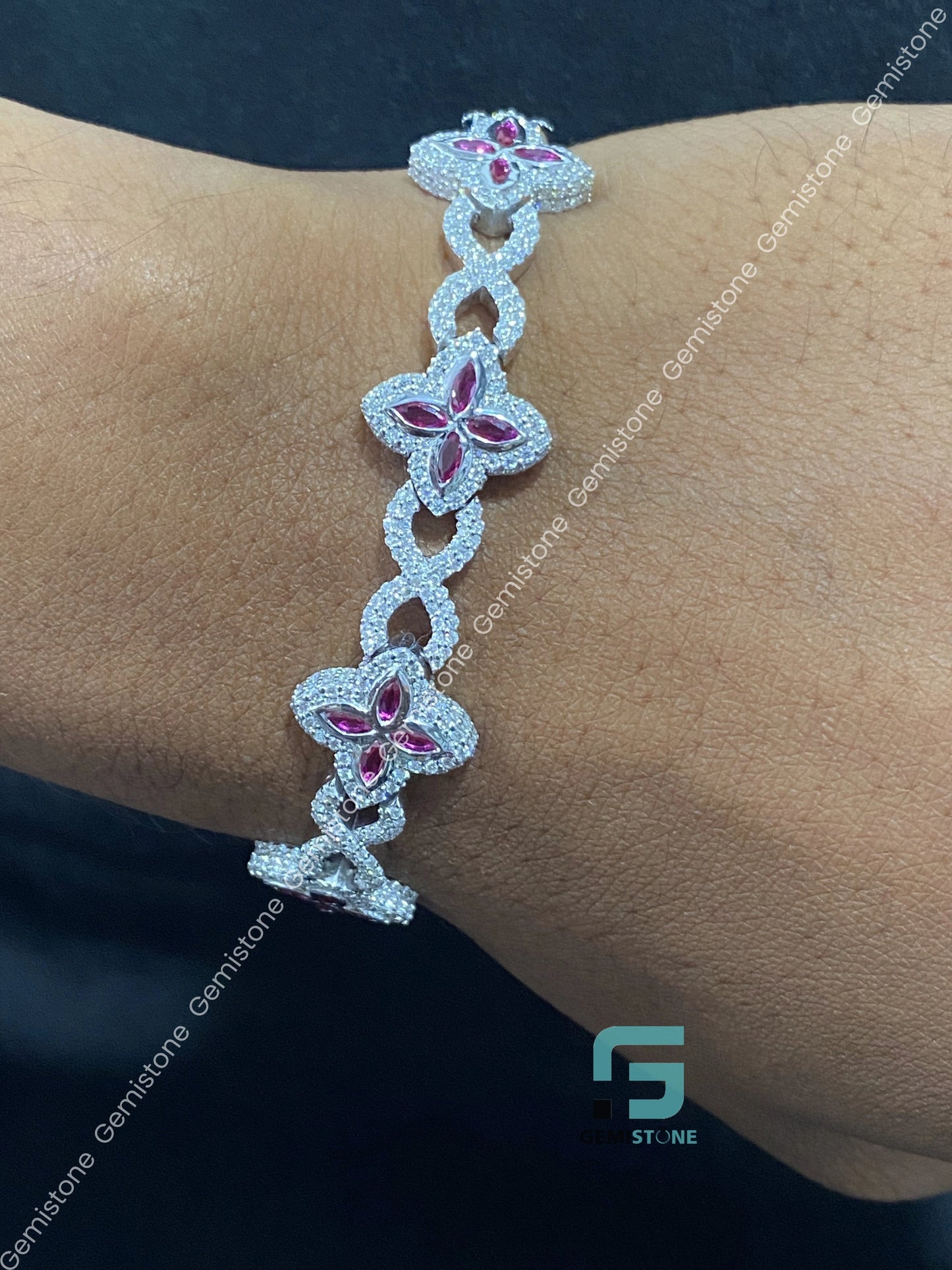 Round_ Pink Marquise Moissanite Sterling Bracelet