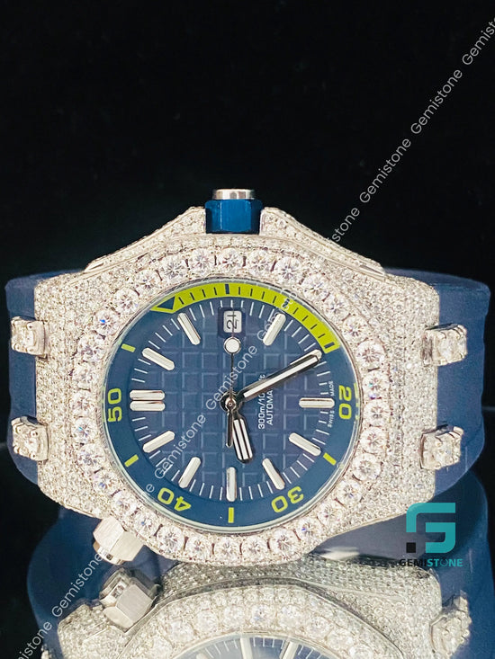 Dark Royal Blue Silicon Rubber Strap Bezel Dial Moissanite Diamnod Watch