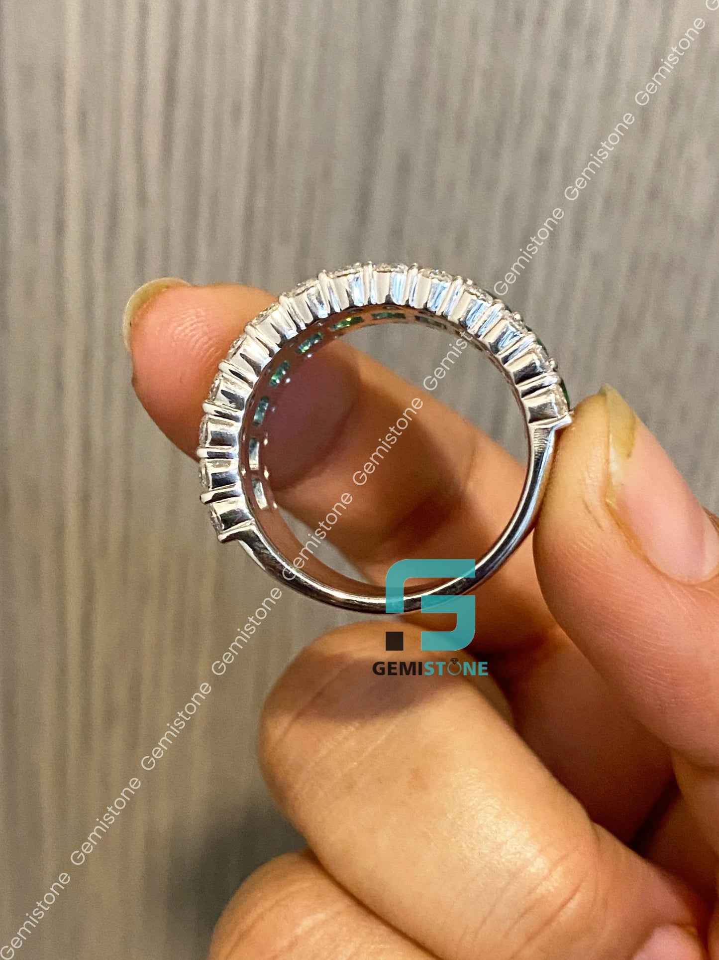 Silver Green Emerald Triple Row Multi Stack Anniversary Band