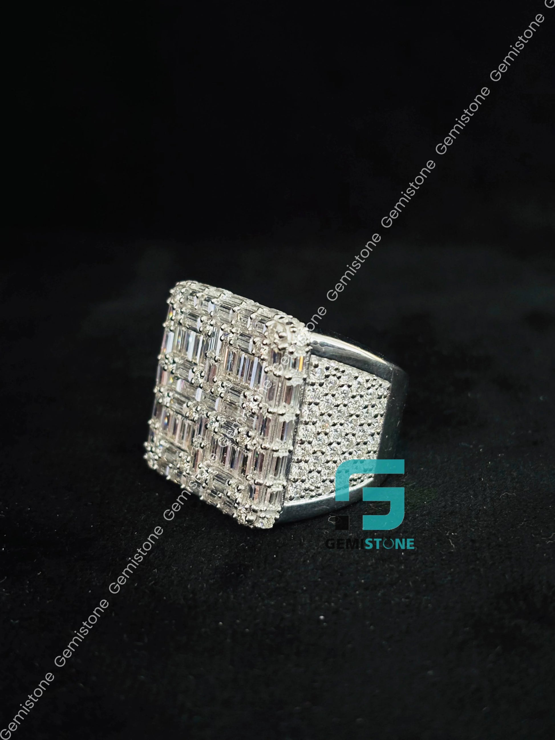 Silver Round_ Baguette Moissanite Ring For Men