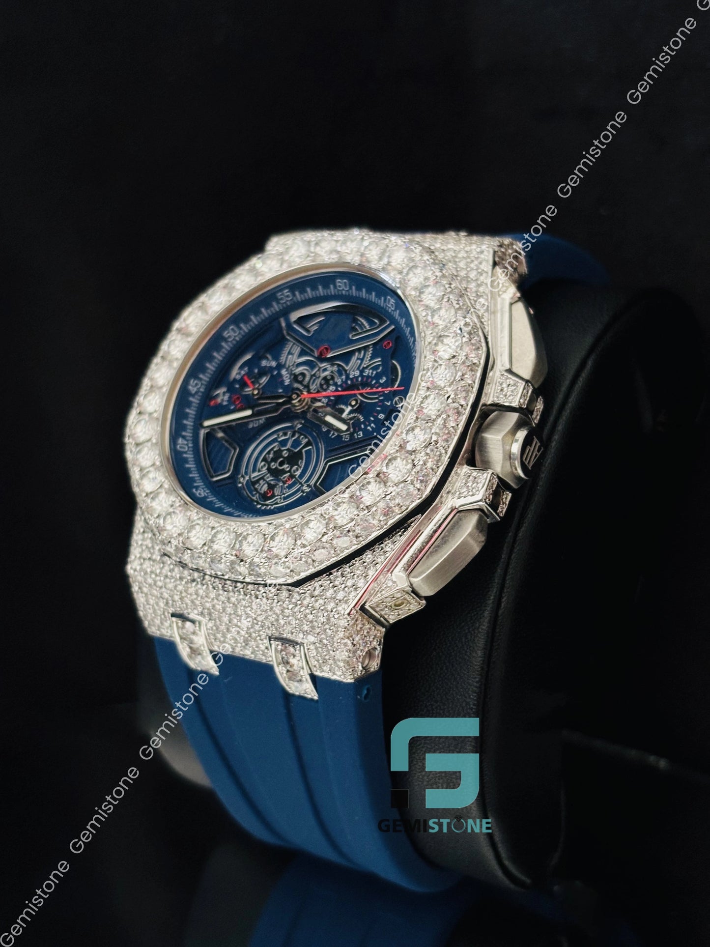 Skeleton Blue Dial Big Bezel Moissanite Watch