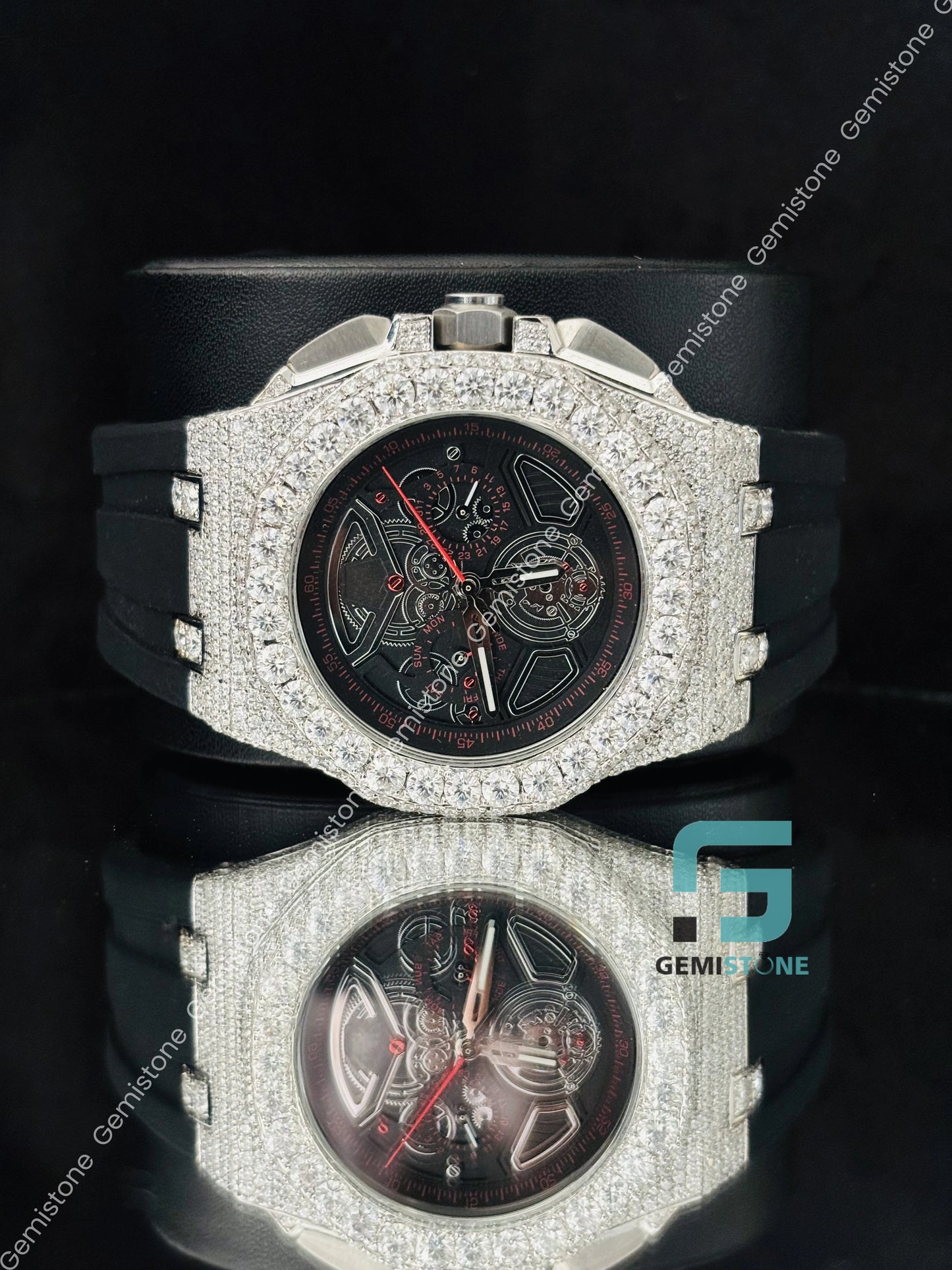 Skeleton Dial Black Silicon Belt Moissanite Watch