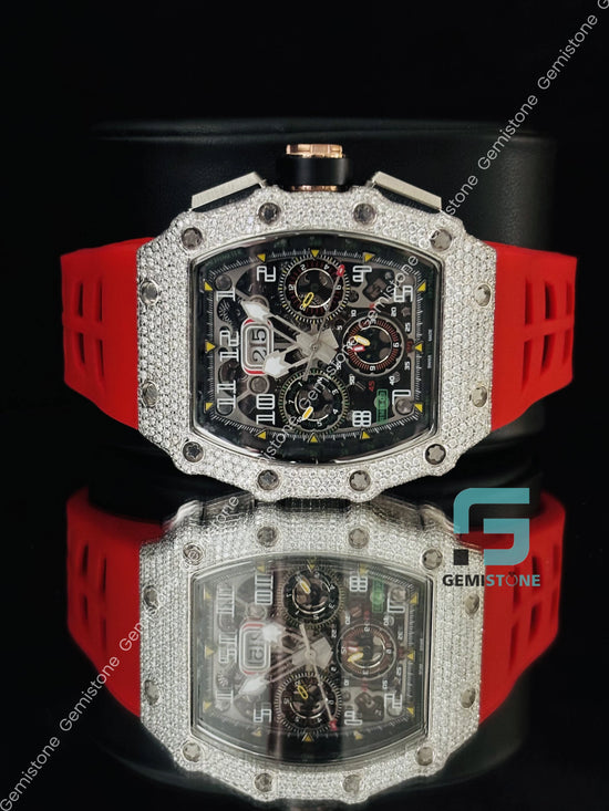 Skeleton Dial Moissanite Face Dial Red Silicon Belt Watch