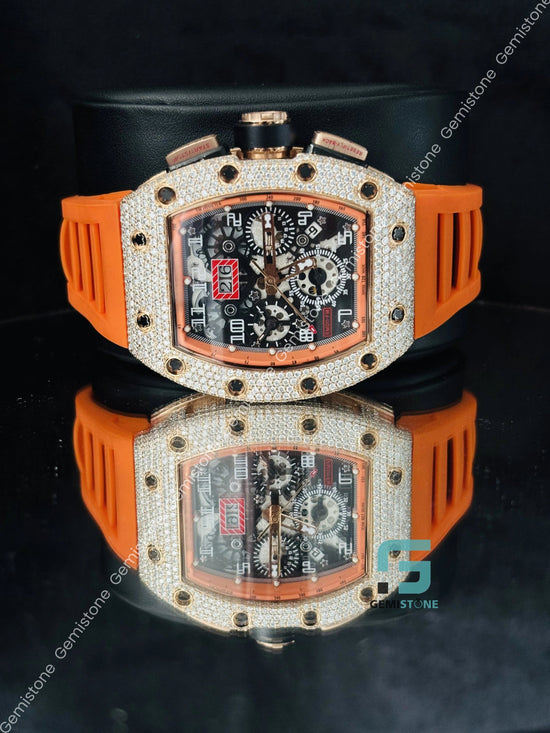 Skeleton Dial Moissanite Iced out Orange Silicon Belt Watch