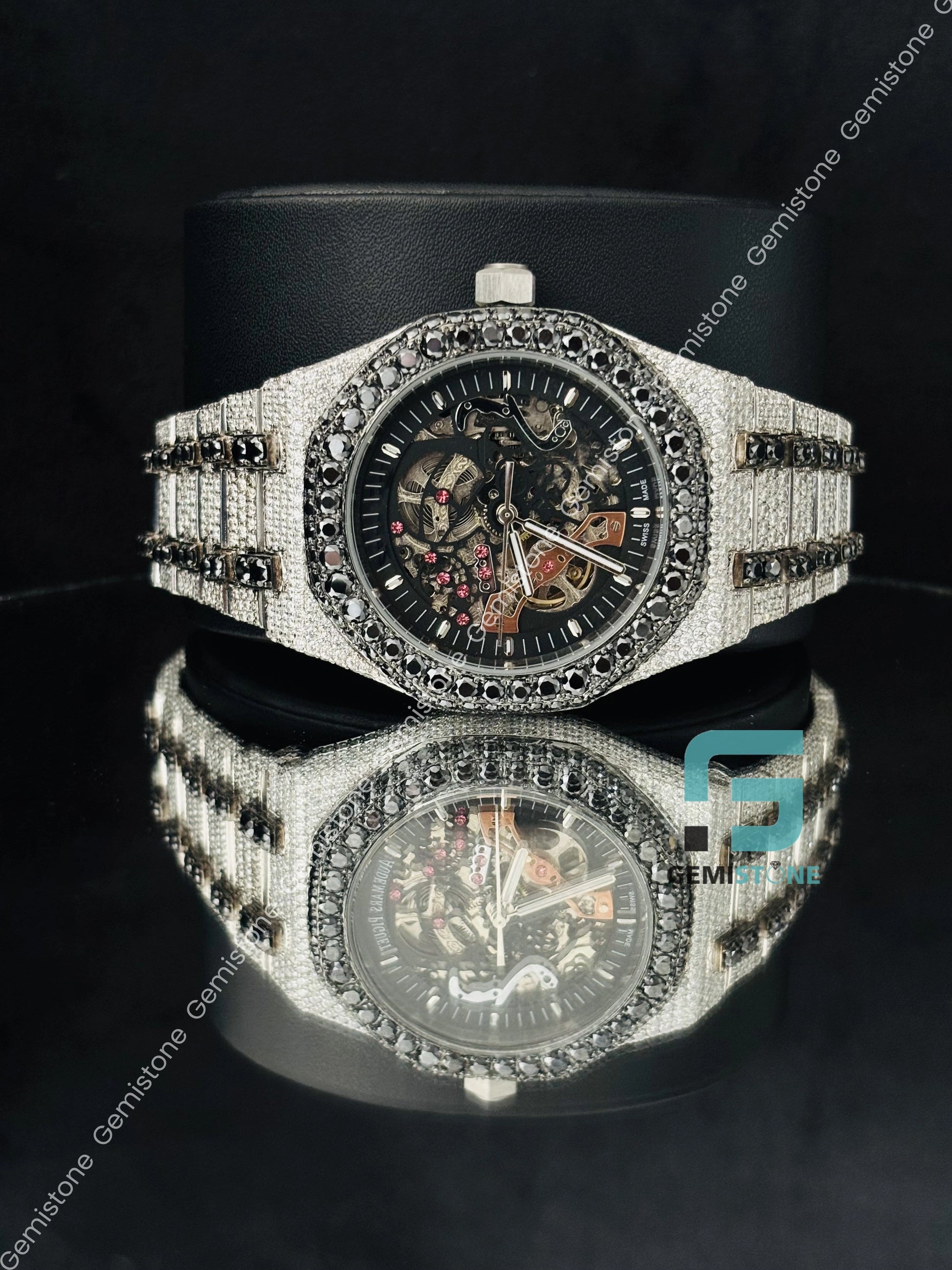 Skeleton Dial Moissanite Studded Black _White Diamond Watch
