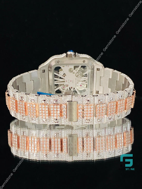 Mens Fuly Iced Out Two Tone Skeleton Dial VVS Moissanite Watch