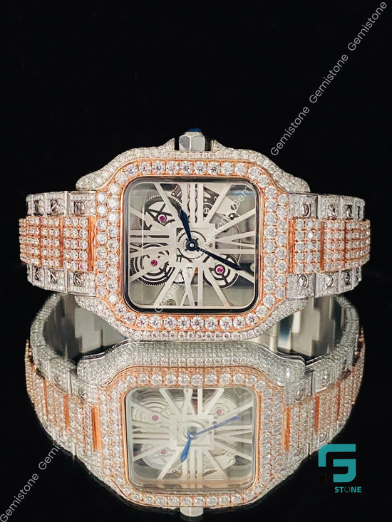 Mens Fuly Iced Out Two Tone Skeleton Dial VVS Moissanite Watch