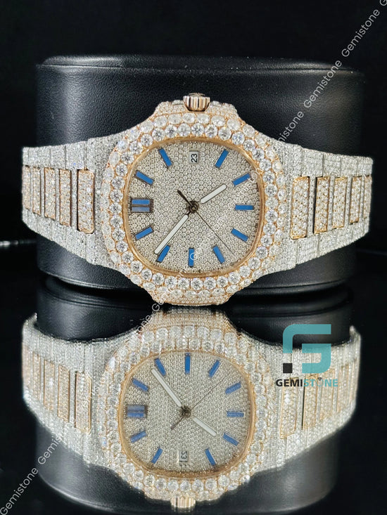 Sky Blue Baguette Bar Fully Studded Moissanite Watch