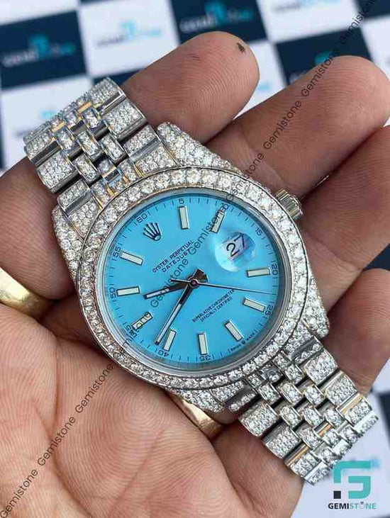 Sky Blue Dial Jubilee Belt Hip Hop Moissanite Watch For Men