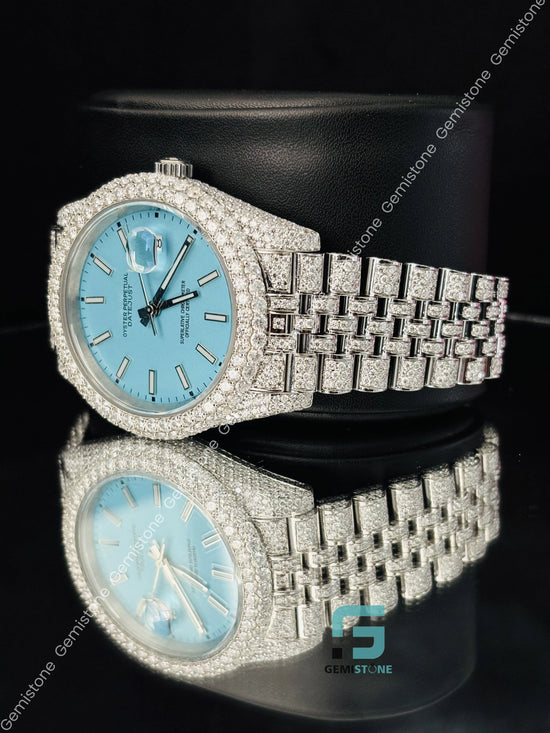 Sky Blue Dial_White Bar moissanite Diamond Watch