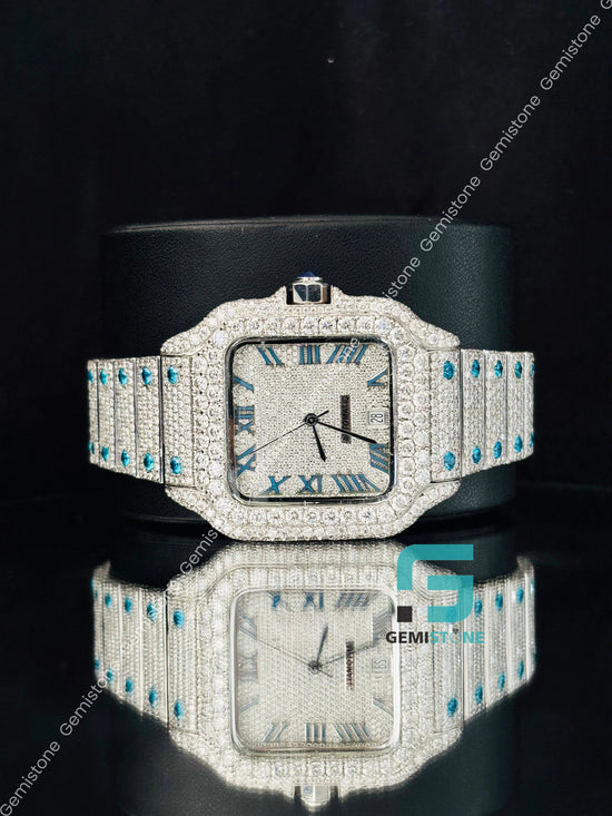 Sky Blue Roman Number Cartier Moissanite Watch