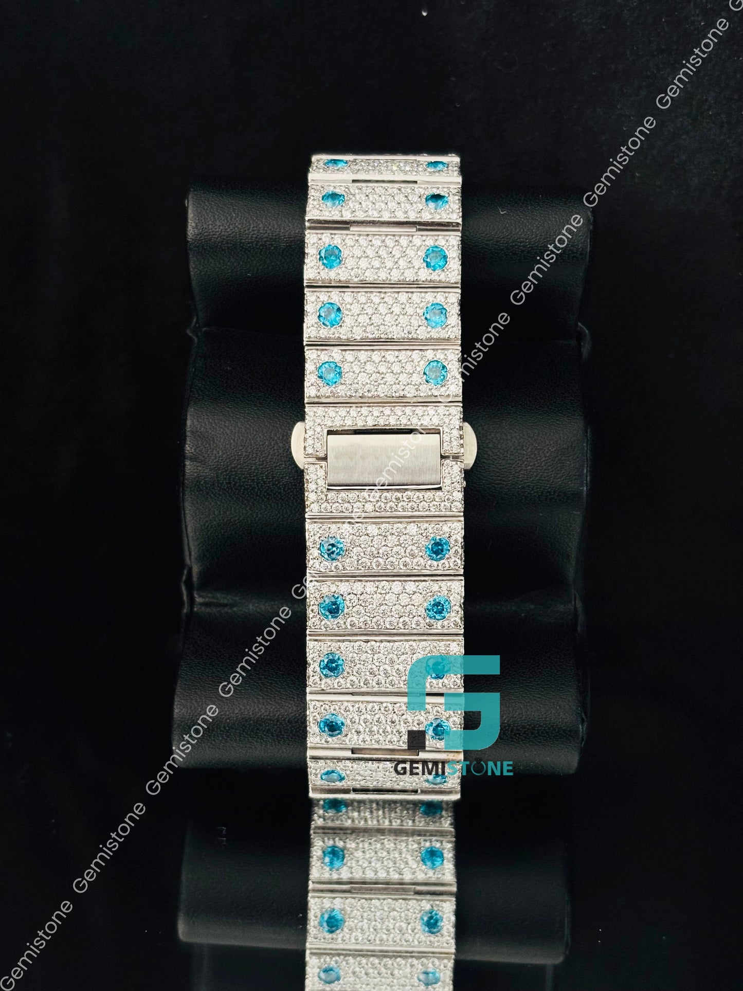 Sky Blue Roman Number Cartier Moissanite Watch For Men
