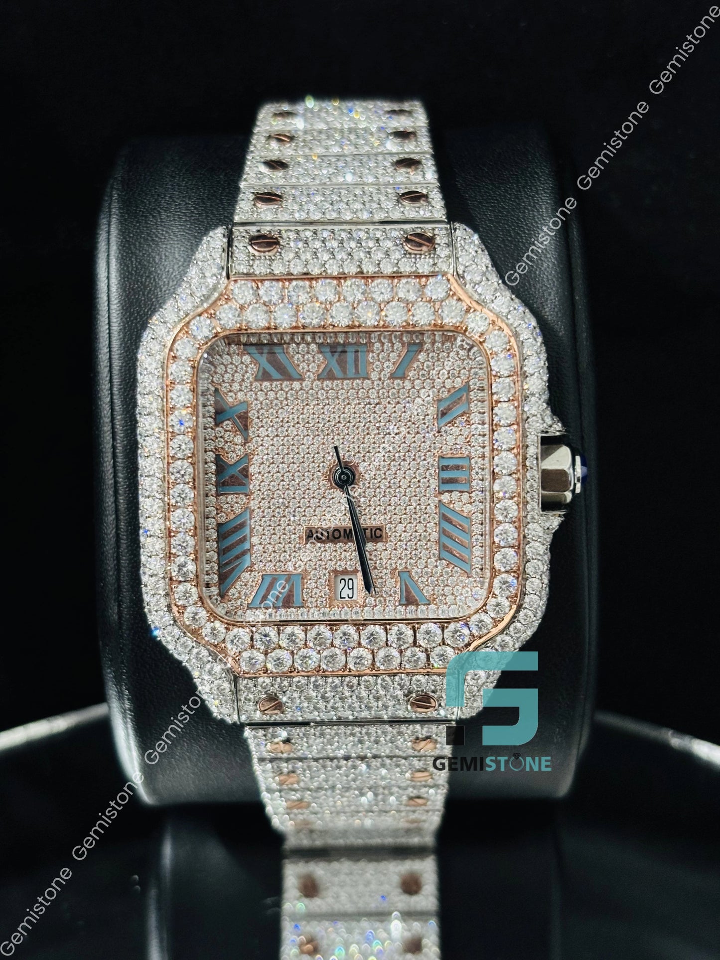 Sky Blue Roman Number Moissanite Bust Down Watch