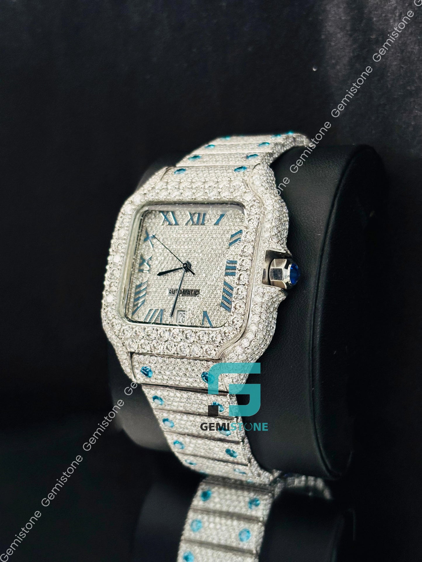 Sky Blue Roman Number Moissanite Iced Out Watch