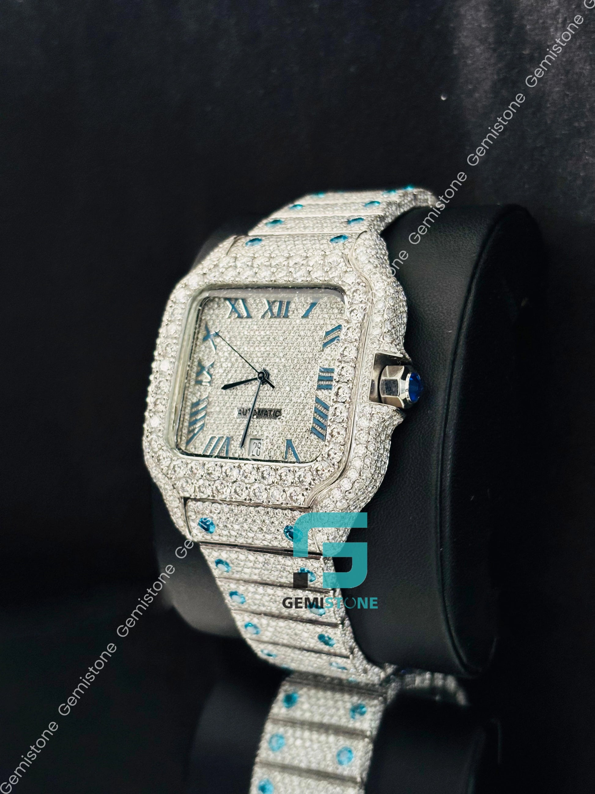 Sky Blue Roman Number Moissanite Iced Out Watch