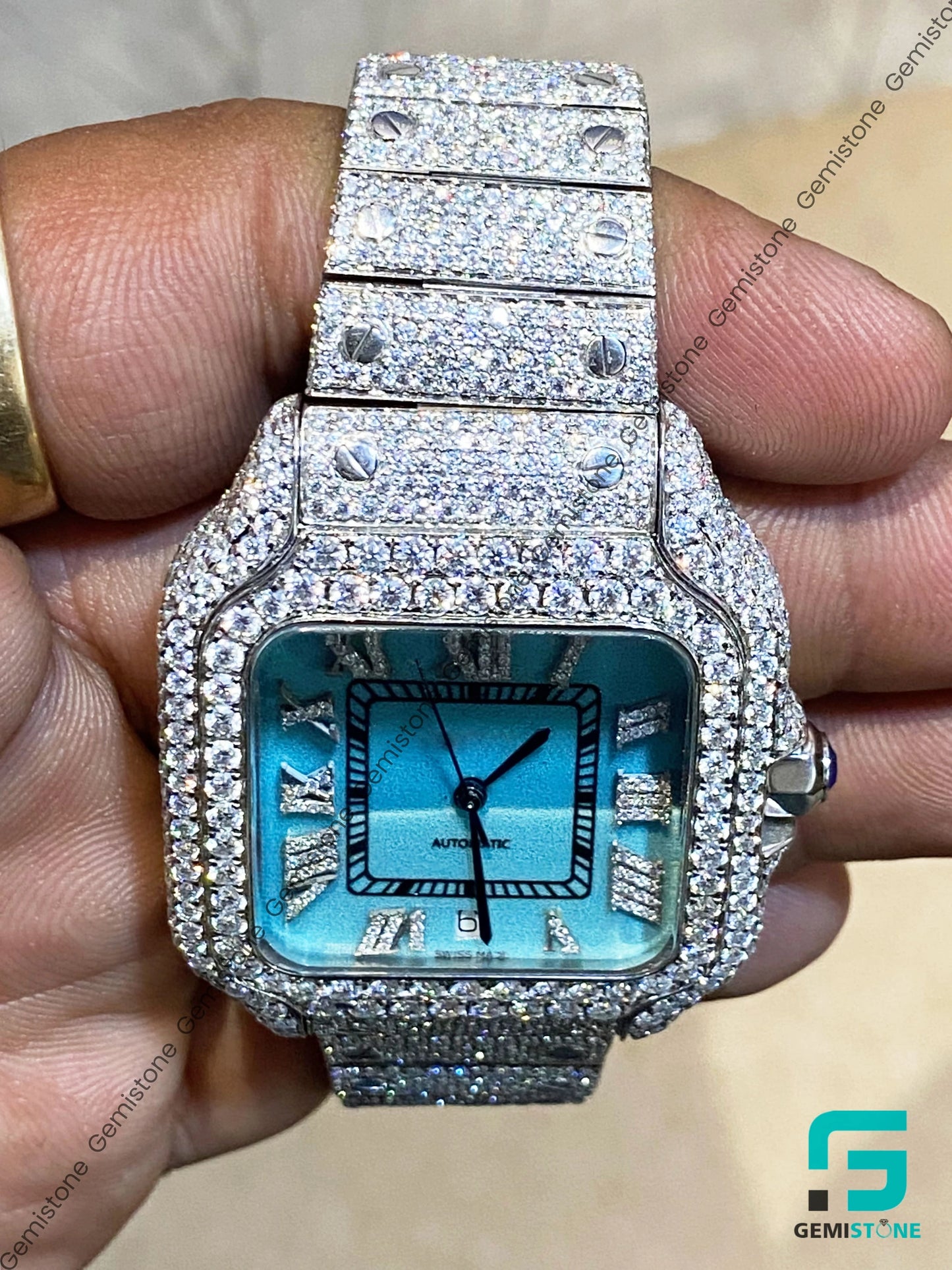 Aqua Blue Dial Roman Numerial Moissanite Watch Father's Day Gift