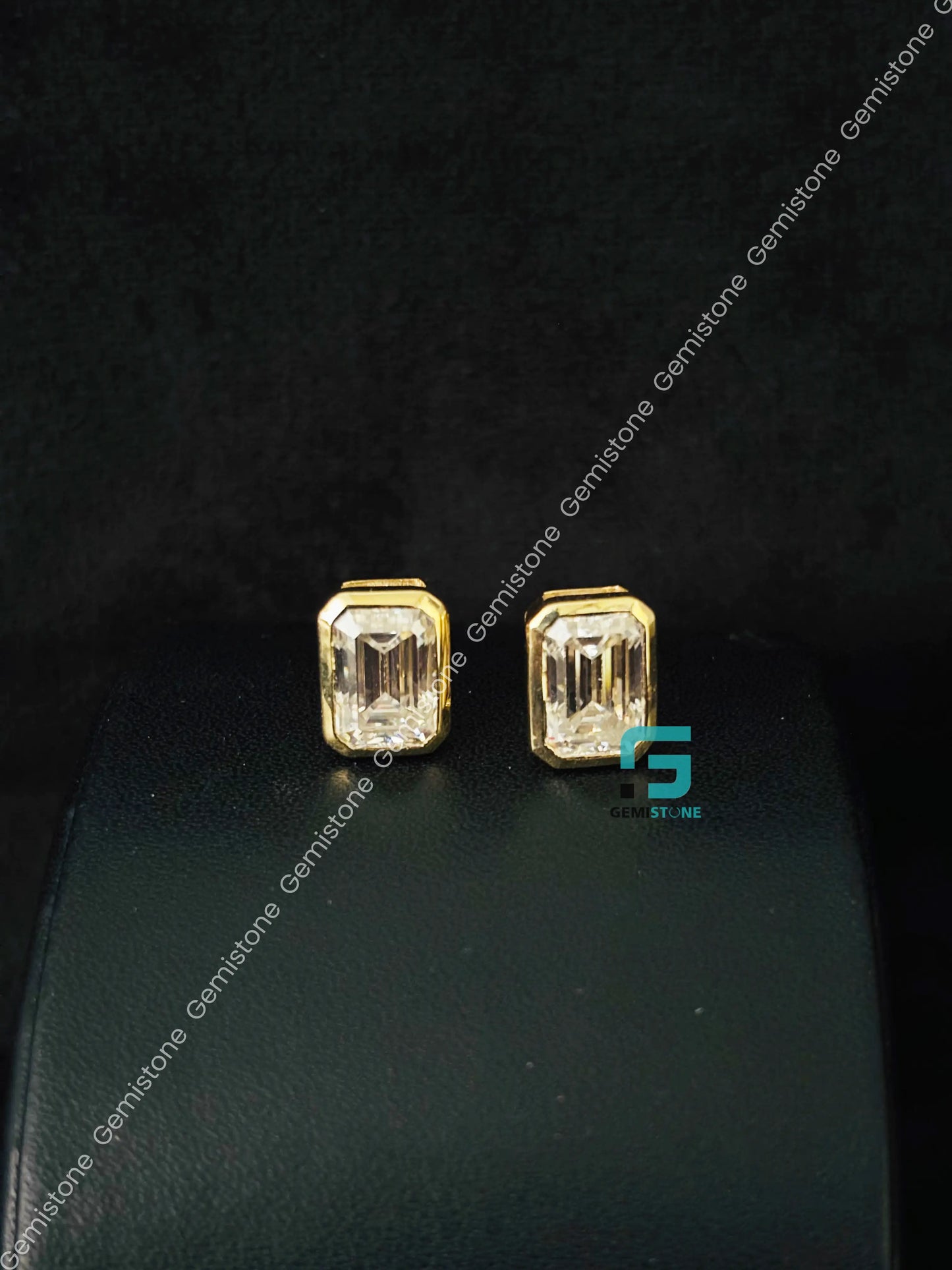 3CT Emerald Cut Bezel Set Moissanite Earrings in 925 Silver