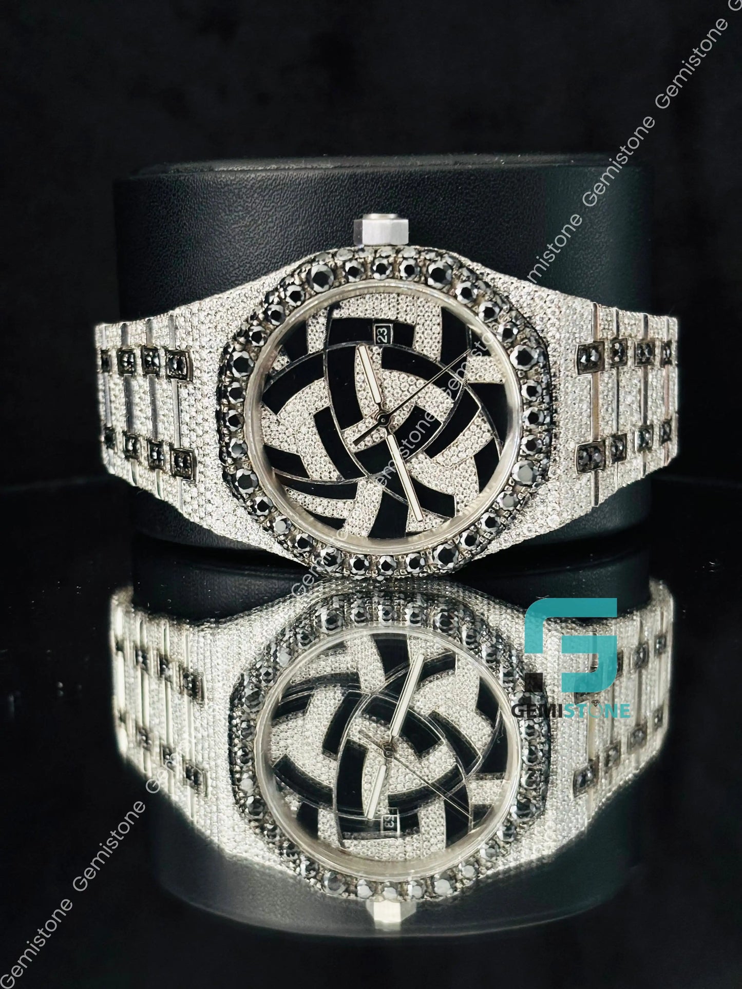 Geometric Dial Black & White Iced Moissanite Hip Hop Watch