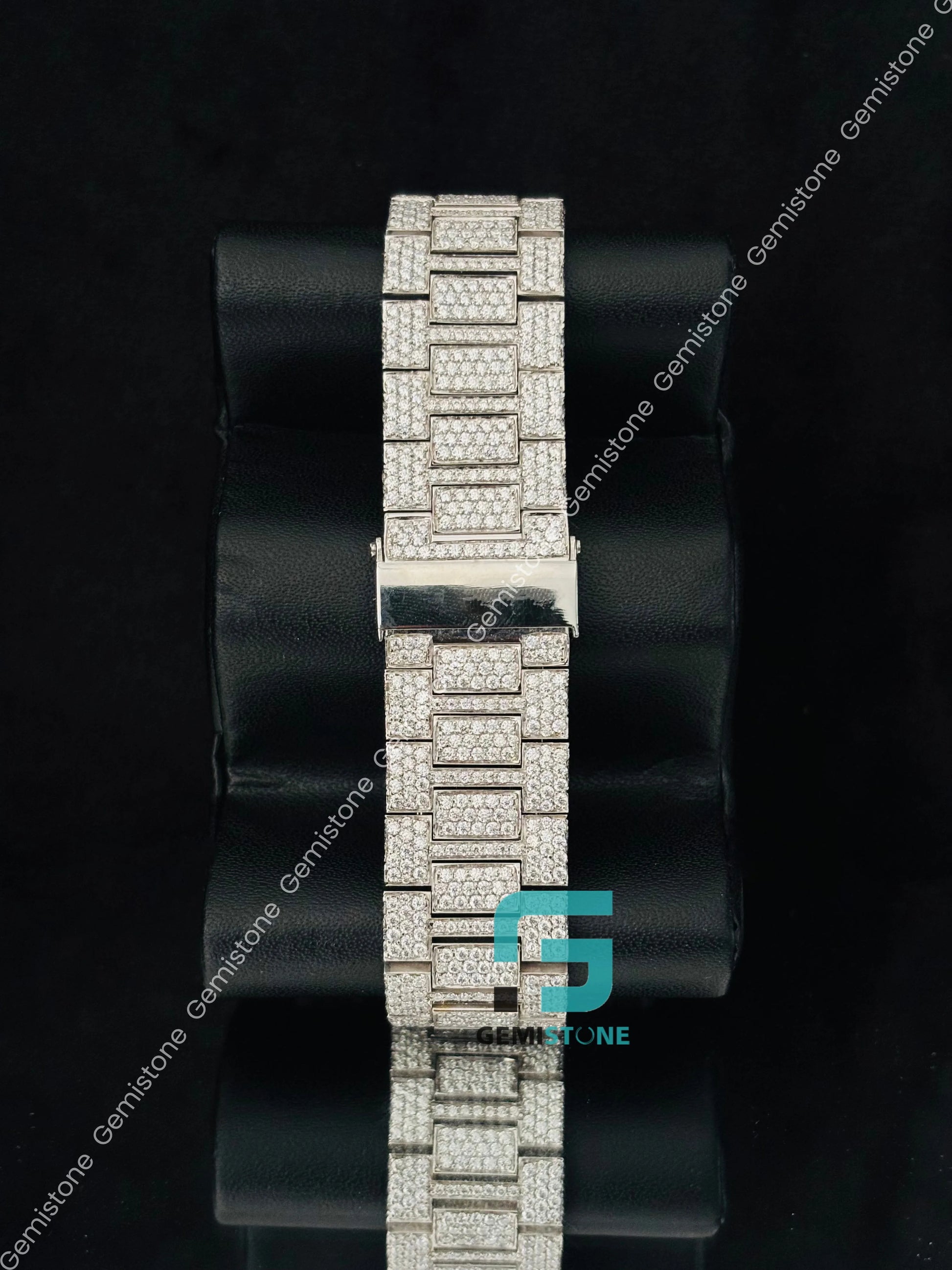 Stainless Steel Blue Baguette Bar Moissanite Fully Patek Watch