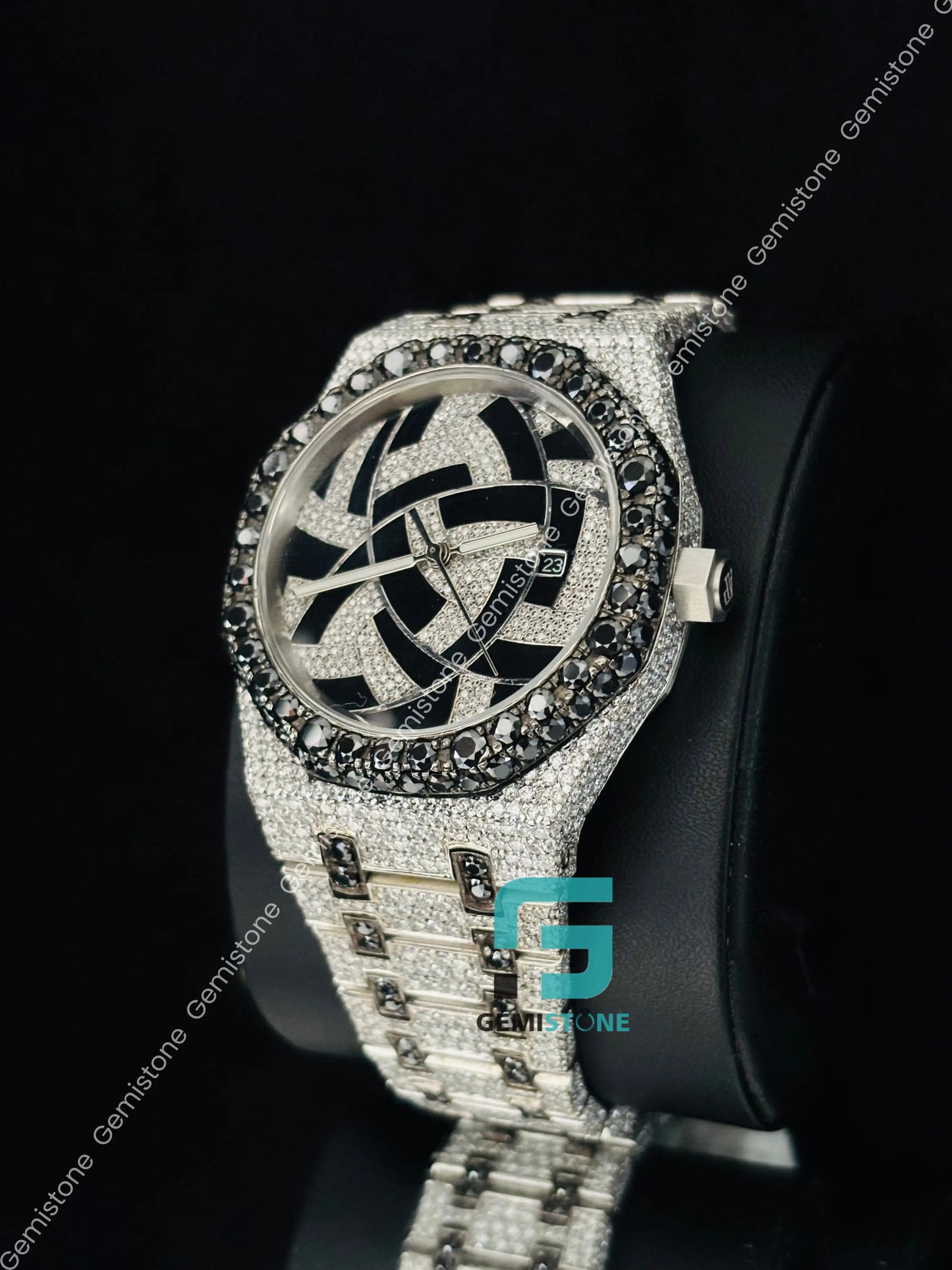 Geometric Dial Black & White Iced Moissanite Hip Hop Watch