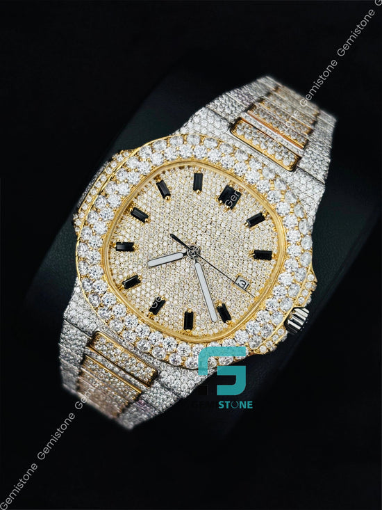 Stainless Steel Black_Baguette Bar Moissanite Patek Two Tone Watch