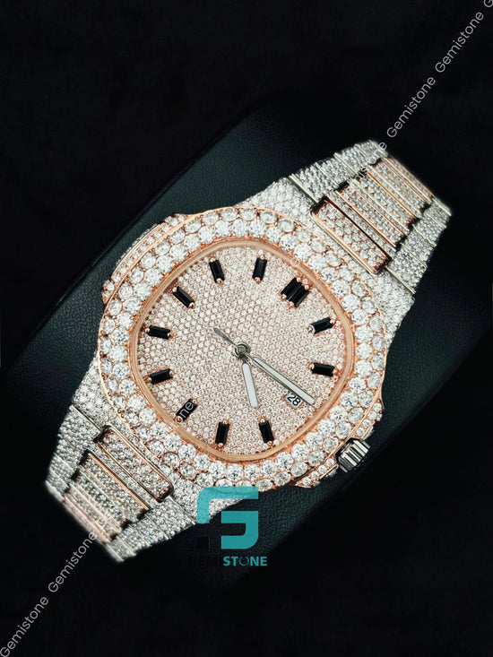 Stainless Steel_Fully Iced Out Moissanite Two Tone Patek Watch