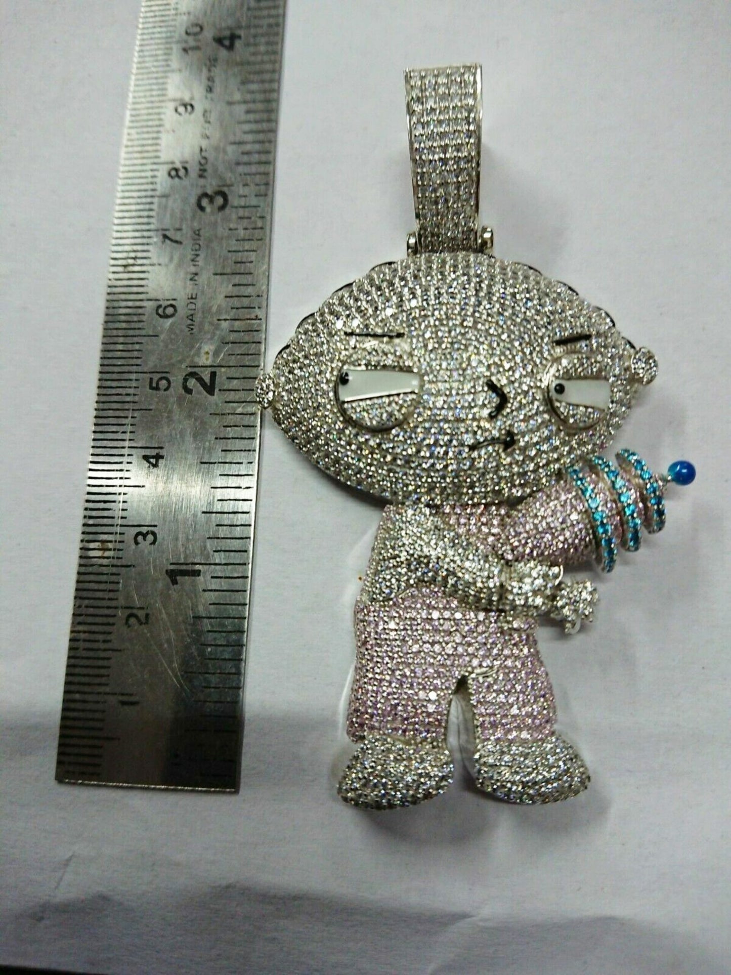 3" Long 1.5" Wide Moissanite Iced Out Cartoon Stewie Griffin Pendant