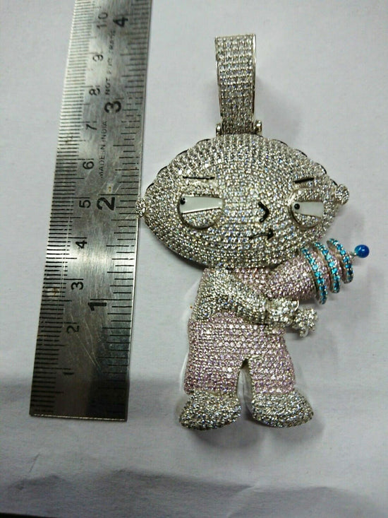 3" Long 1.5" Wide Moissanite Iced Out Cartoon Stewie Griffin Pendant