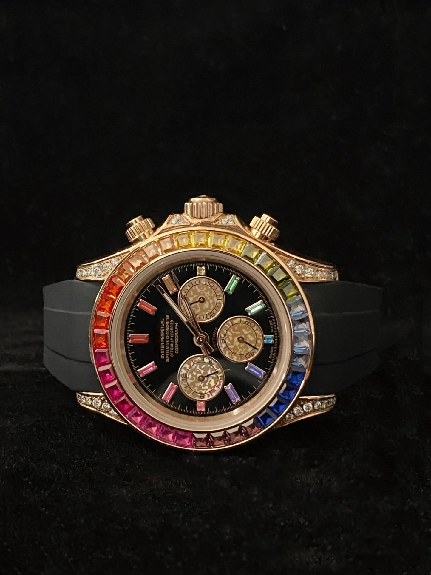 Black Strap With 41MM Colorfull Baguette Bezel Dial Moissanite Watch