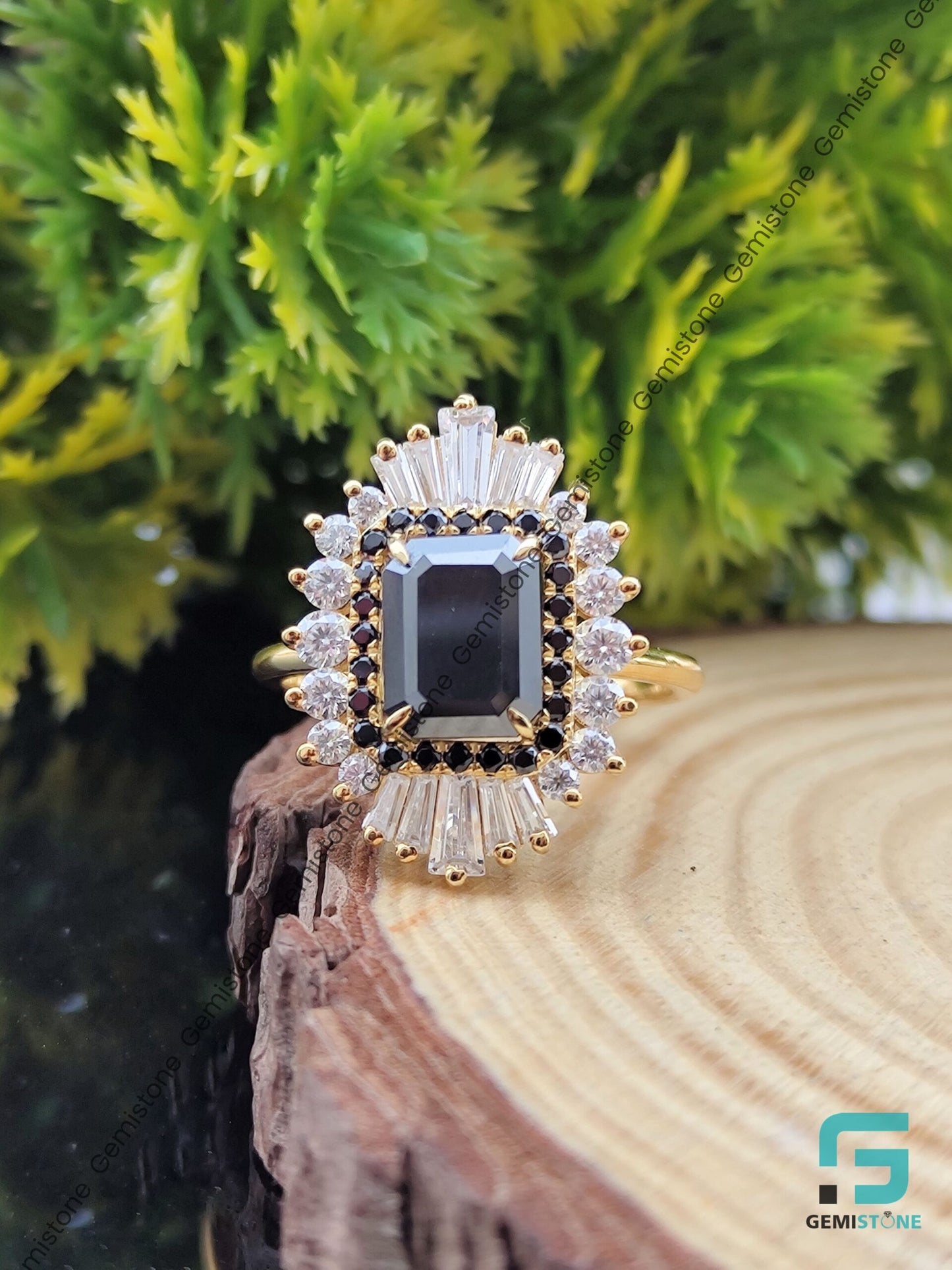3 CT Emerald Cut Black Diamond Sunburst Halo Engagement Ring