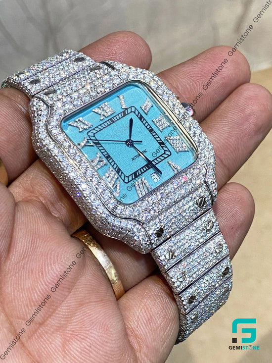 Aqua Blue Dial Roman Numerial Moissanite Watch Father's Day Gift
