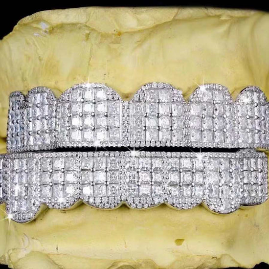 925 Silver Invisible Set Fully Iced Princess Diamond Cut Grillz