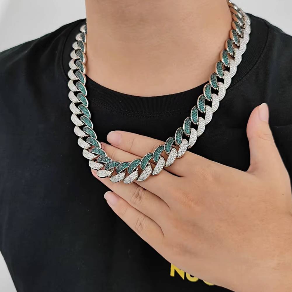 18MM Iced Out White & Green Moissanite Diamond Cuban Link Chain