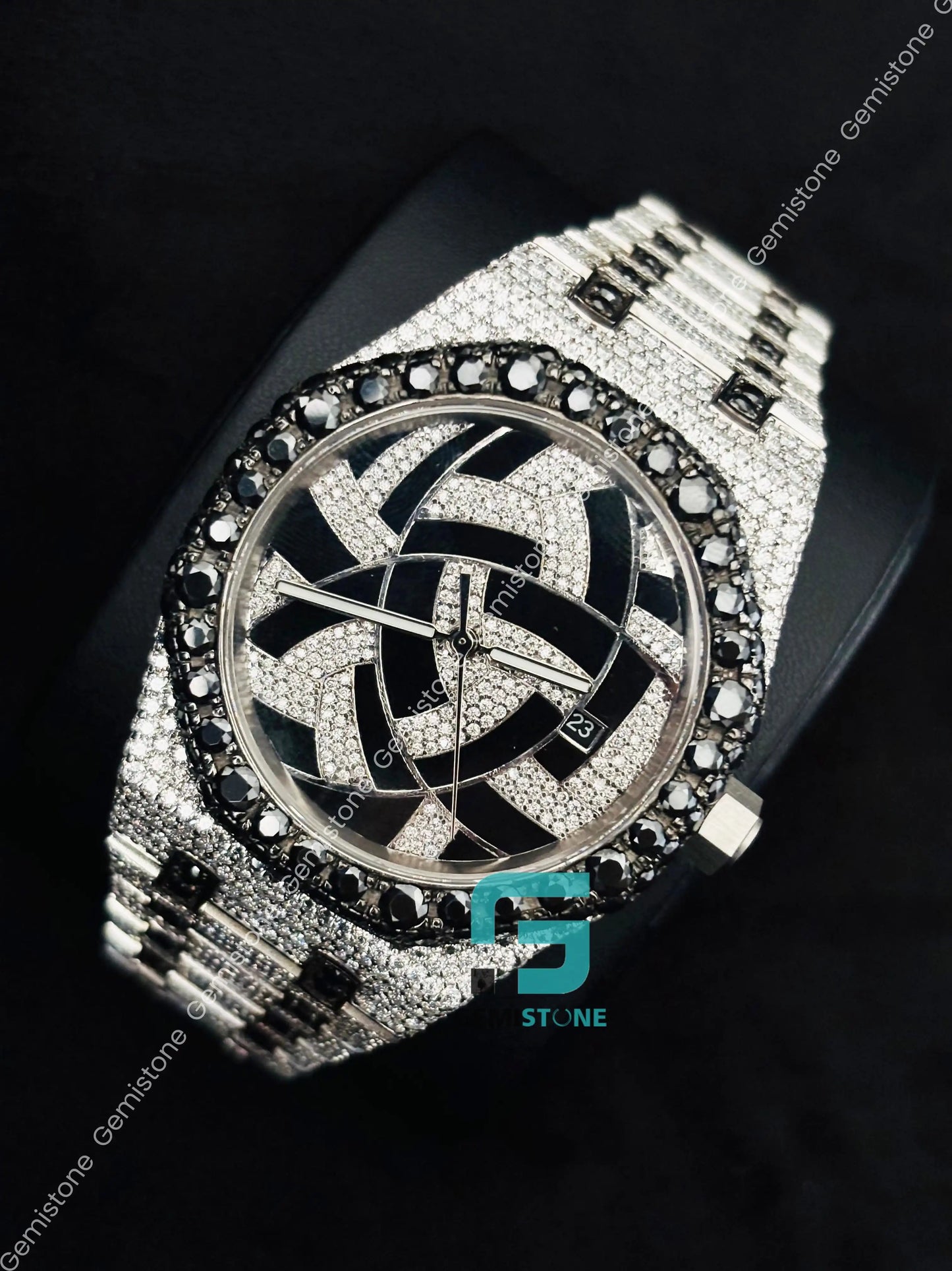 Geometric Dial Black & White Iced Moissanite Hip Hop Watch