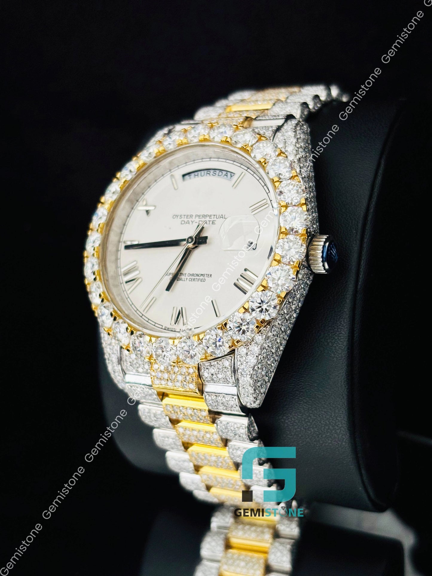 Dual Tone White Dial Roman Number Moissanite Watch