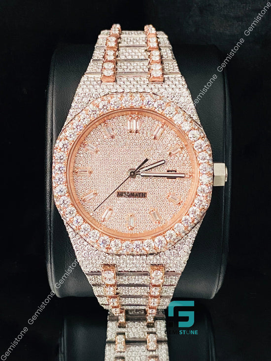 Two Tone Baguette Bar Fully Studded Moissanite Watch