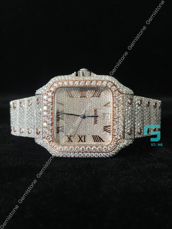 Classic Fully Iced Out Two Tone Roman Dial Moissanite Watch
