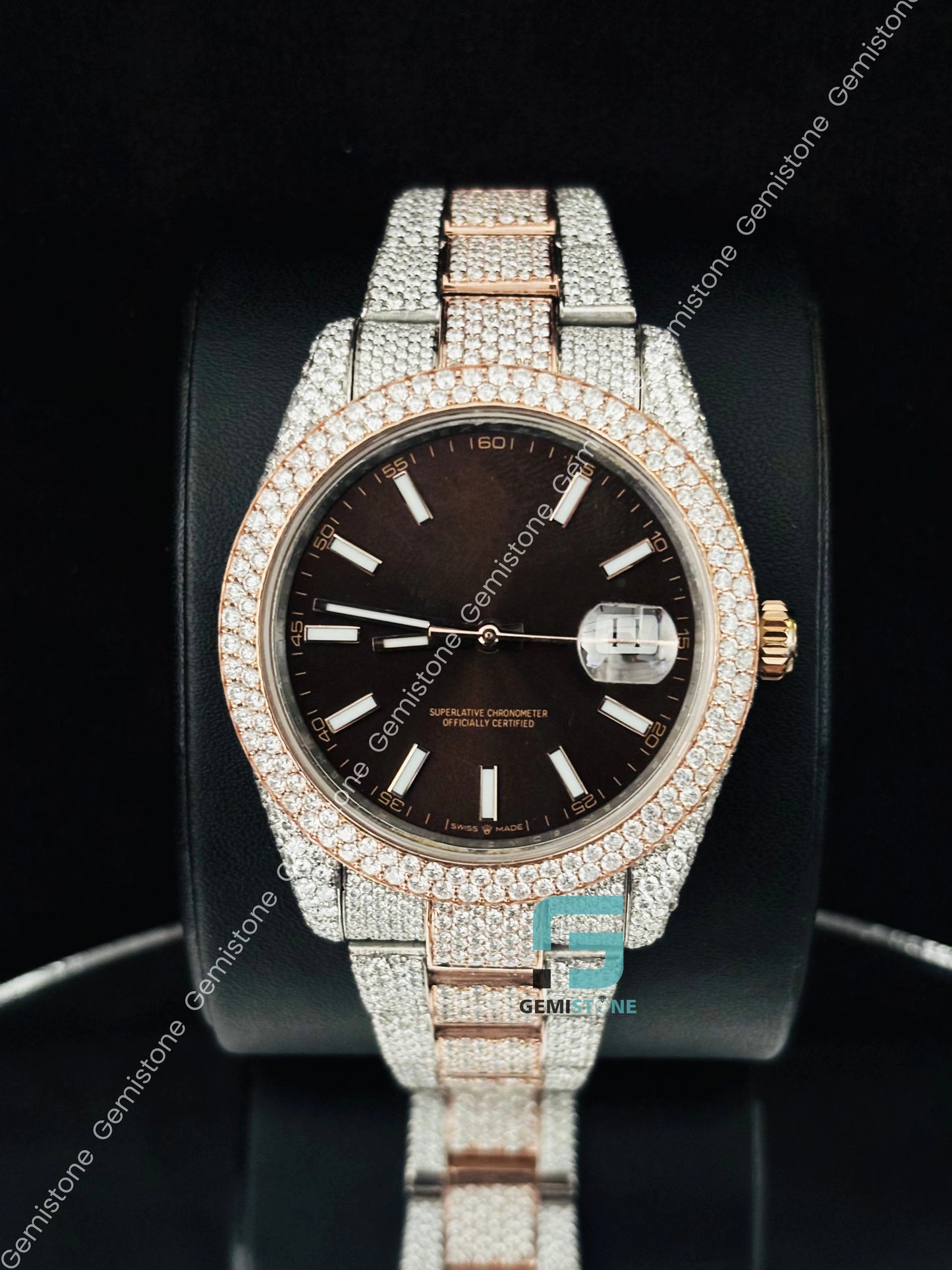 Two Tone Chocolate Dial Moissanite Rolex Watch