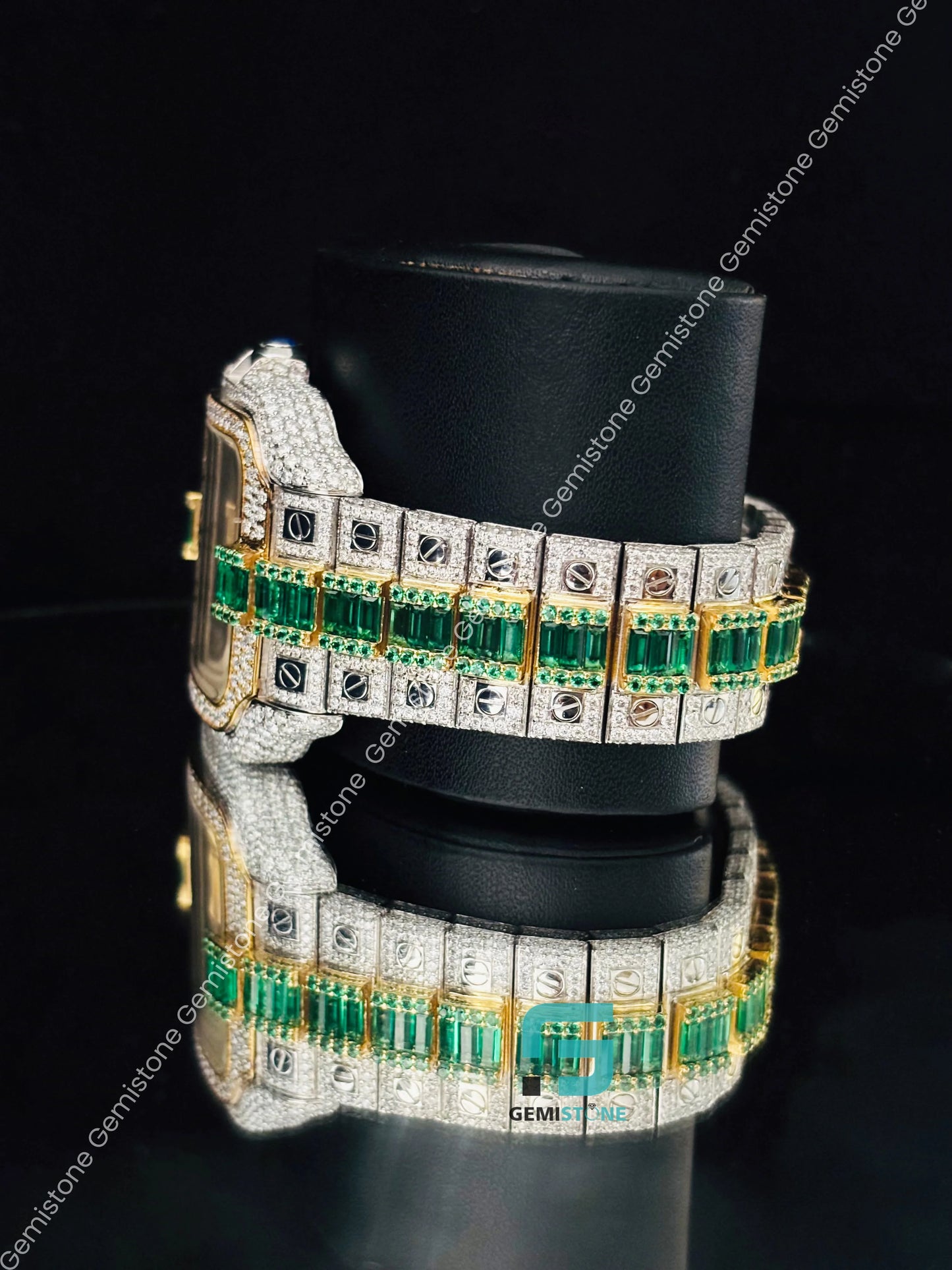 Two Tone Green Baguette And Round Moissanite Watch