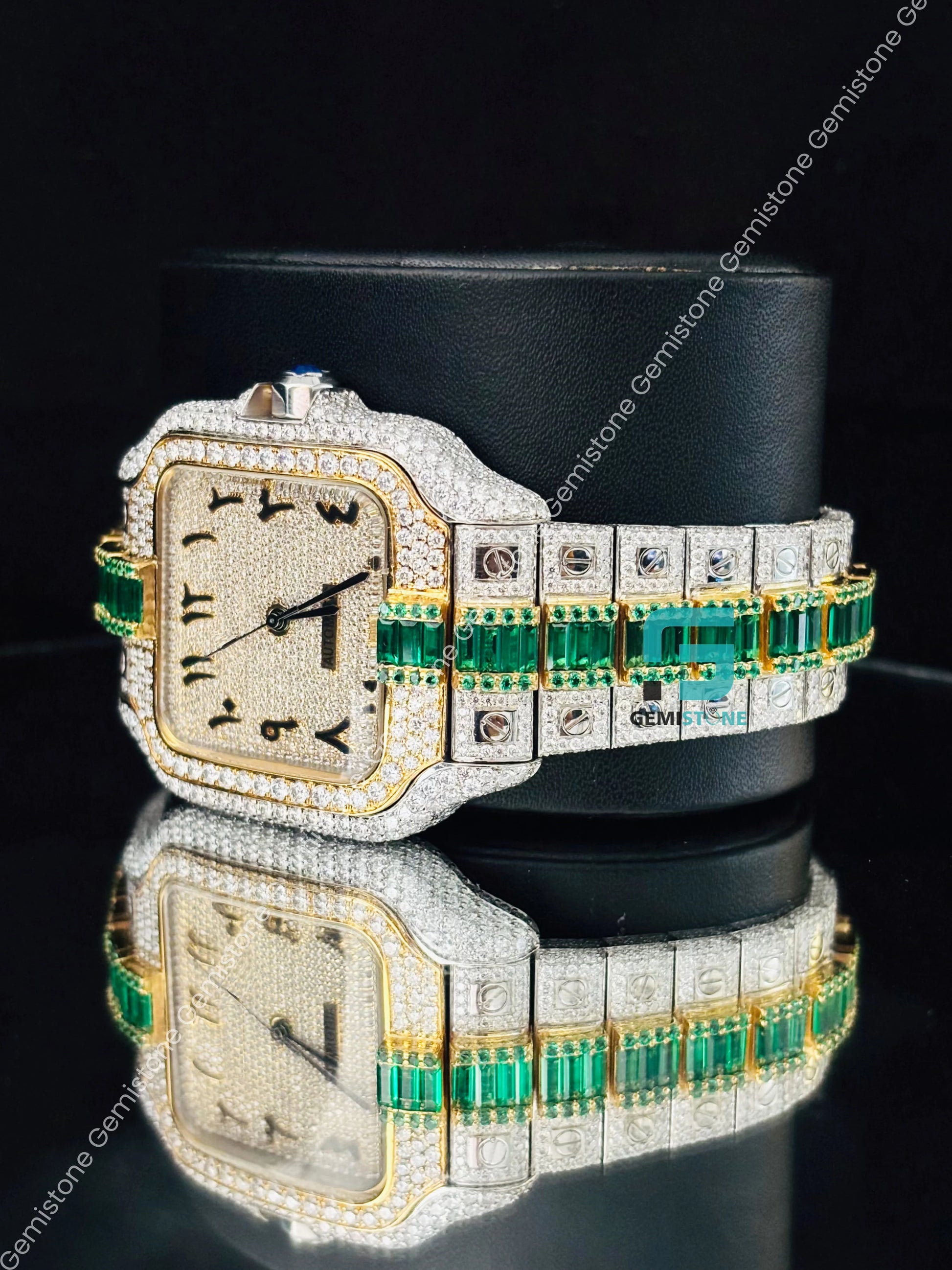 Two Tone Green Baguette And Round Moissanite Watch for Men