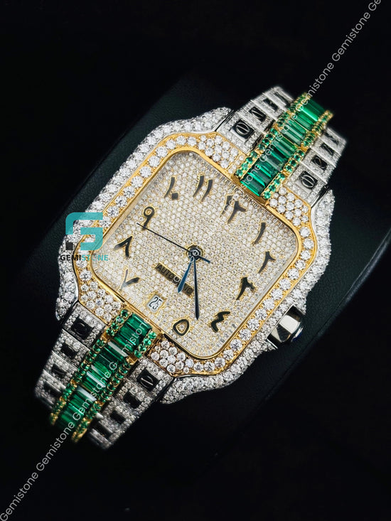 Two Tone Green Moissanite Arabic Number Moissanite Watch