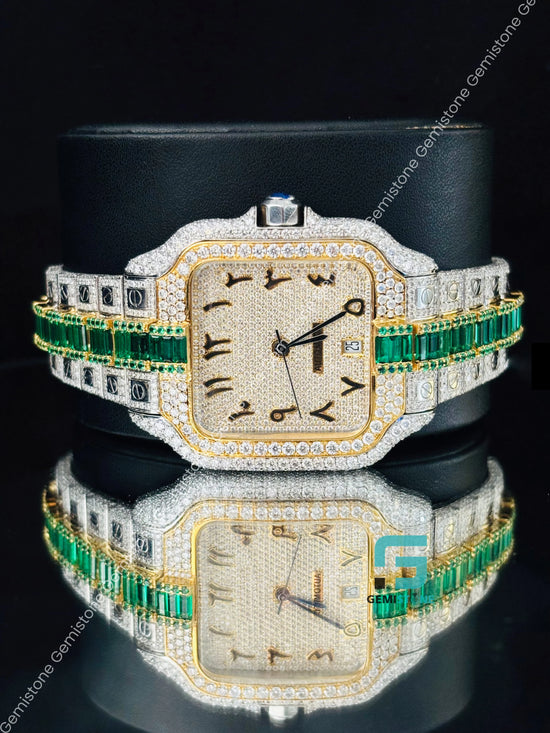 Two Tone Green Moissanite Arabic Number Moissanite Watch For Men