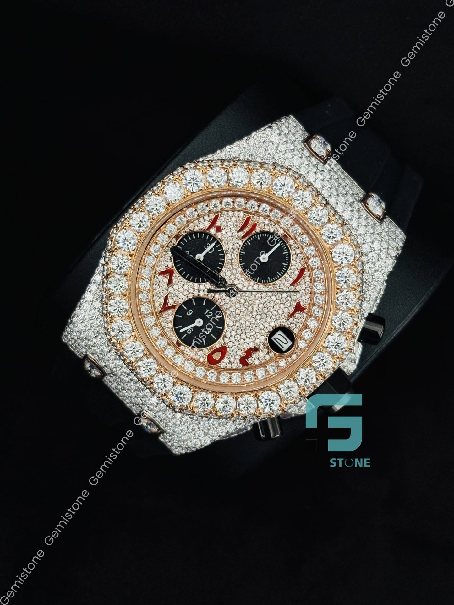 Red Arabic Number Moissanite Watch With Black Silicon Straps