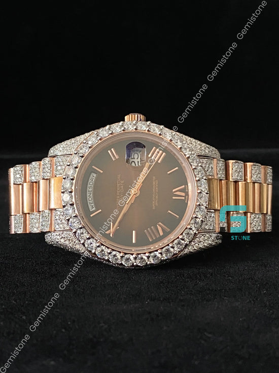 Chocolate Dial Roman Number Diamond Moissanite Watch