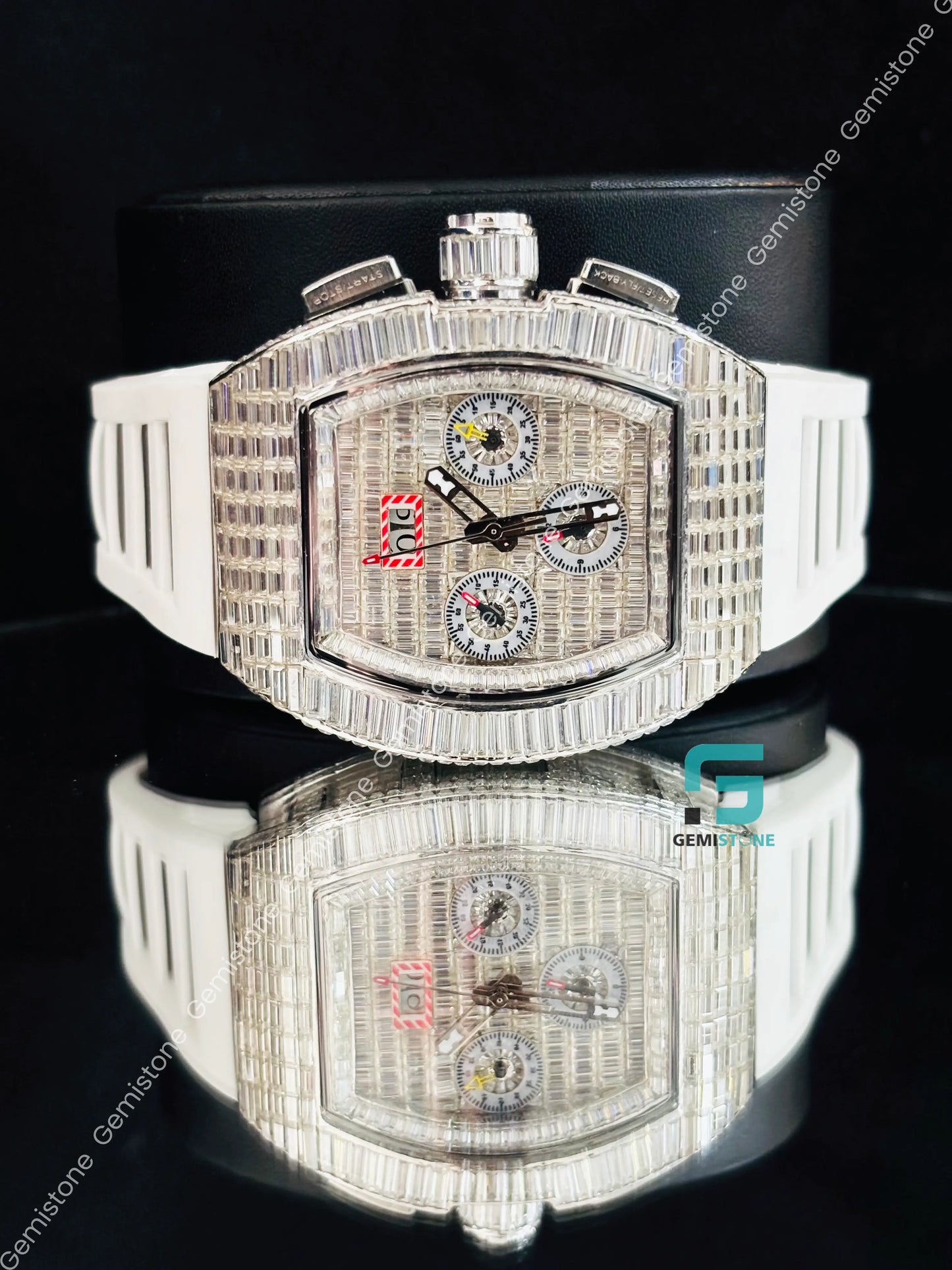 VVS Moissanite Iced Out Baguette White Silicon Starp Watch For Men