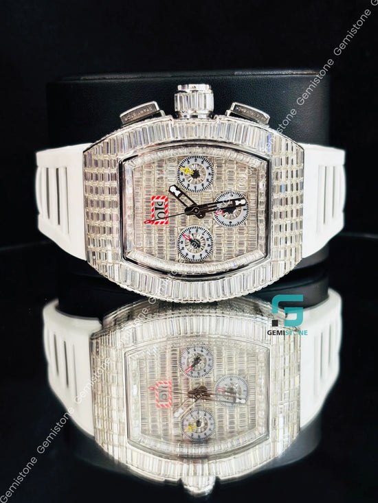 VVS Moissanite Iced Out Baguette White Silicon Starp Watch For Men