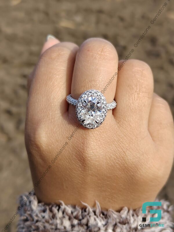 4.5CT Moissanite Hidden Halo Oval Engagement Ring | Oval Diamond Pave Halo Ring