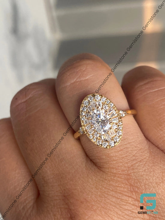 Vintage Inspired Art Deco Oval Moissanite Cluster Ring