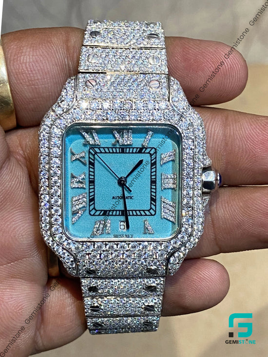 Aqua Blue Dial Roman Numerial Moissanite Watch Father's Day Gift